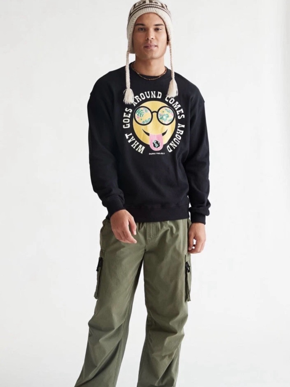 Parks Project “What Goes Around Comes Around” Smiley Black Crewneck Sweatshirt L